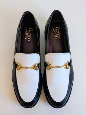 NWOT Franco Sarto Lug Sole Loafers Black and White with Gold trim, Sz 9